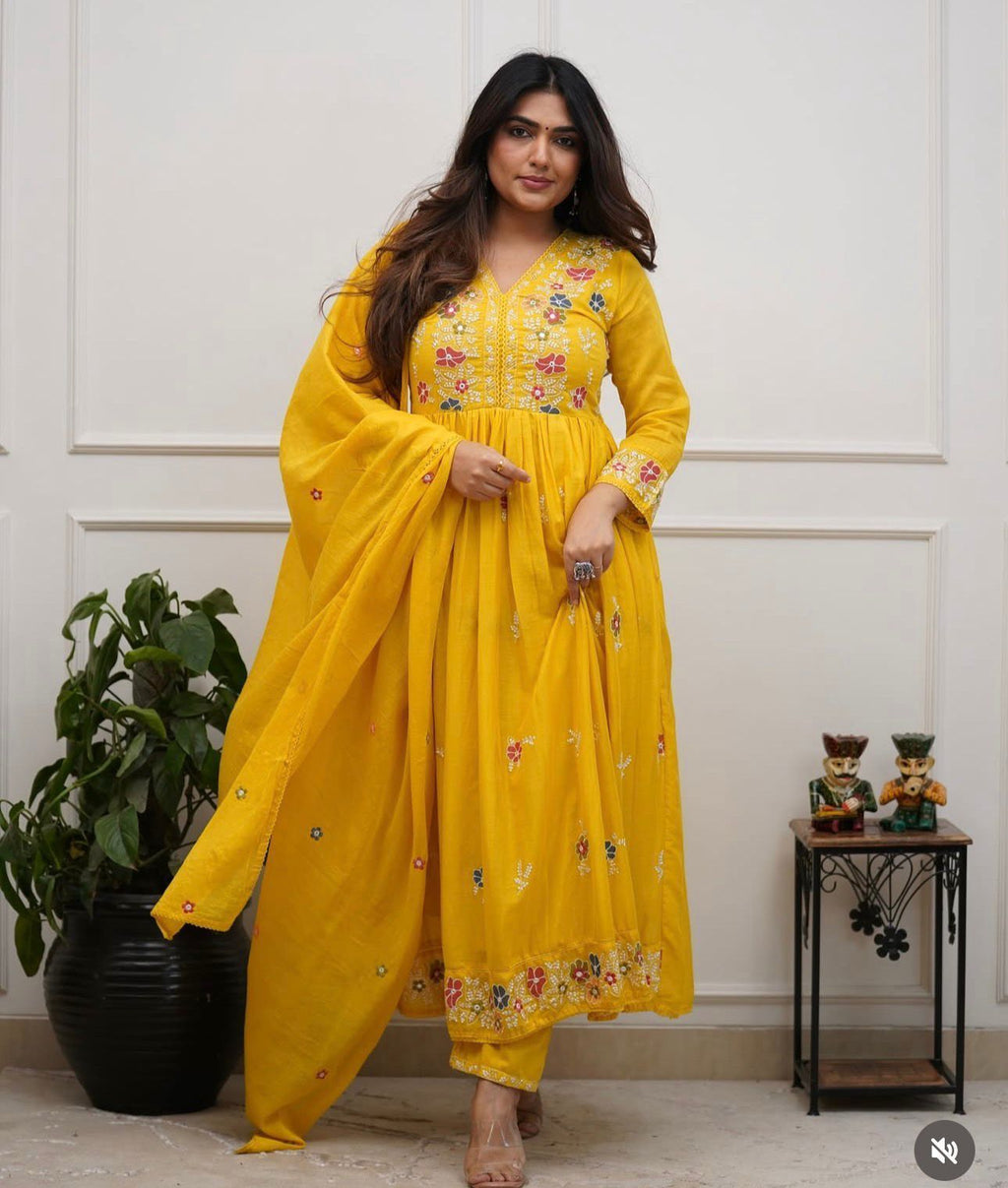 Yellow Cotton Embroidered Flairy Anarkali Kurti Set with Dupatta