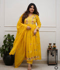 Yellow Cotton Embroidered Flairy Anarkali Kurti Set with Dupatta