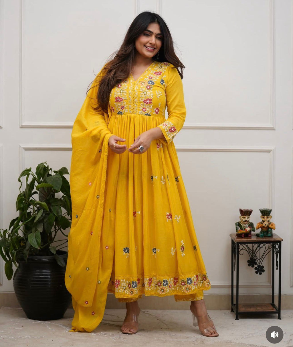 Yellow Cotton Embroidered Flairy Anarkali Kurti Set with Dupatta
