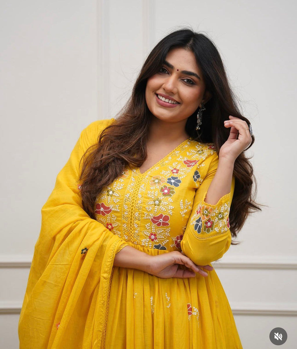 Yellow Cotton Embroidered Flairy Anarkali Kurti Set with Dupatta