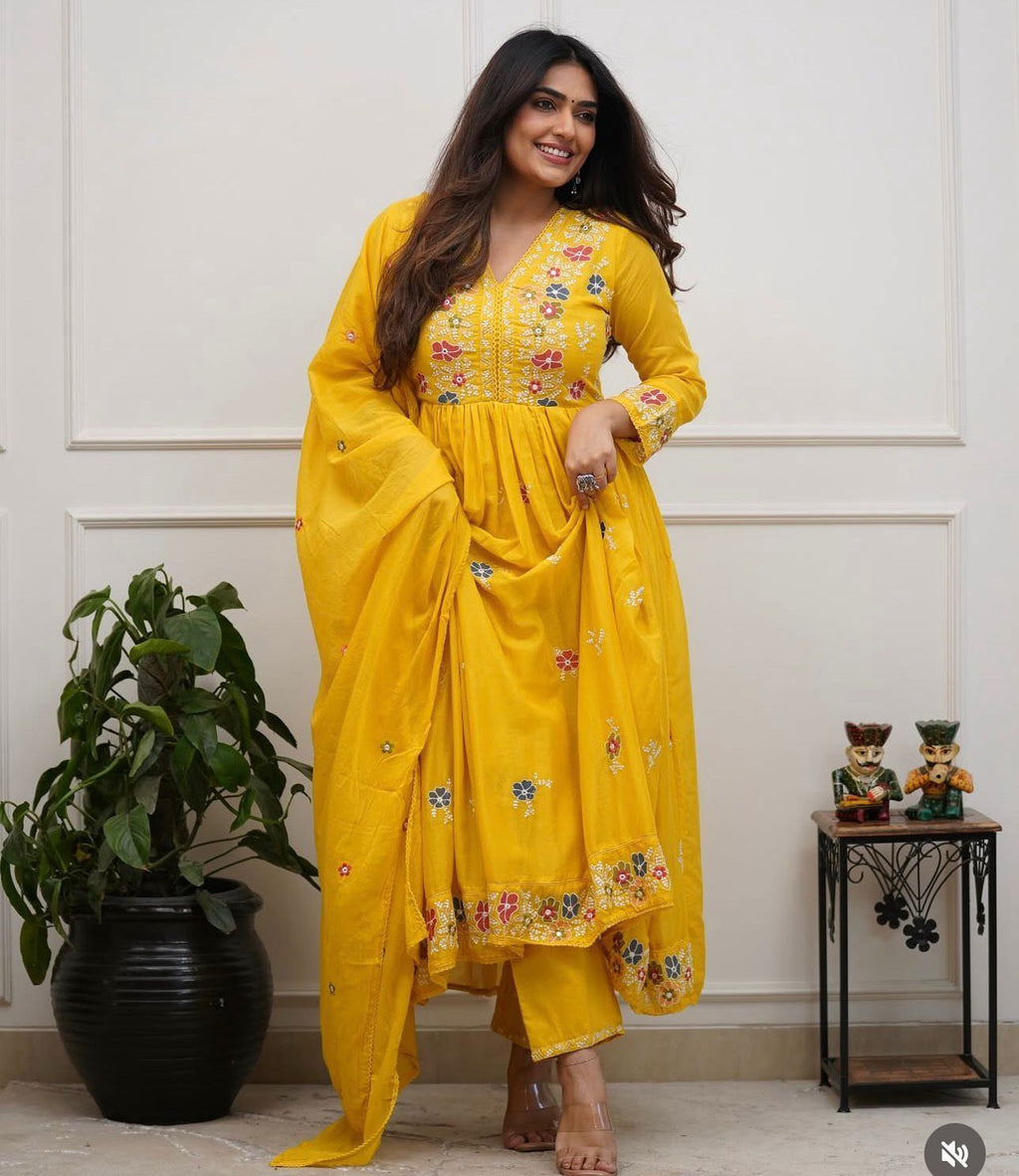 Yellow Cotton Embroidered Flairy Anarkali Kurti Set with Dupatta